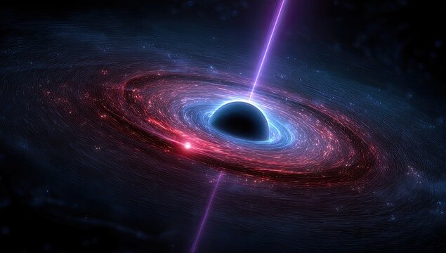 Vivid digital depiction of a celestial black hole consuming light, ejecting energy, and swirling cosmos