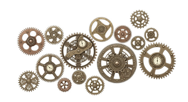 Assorted steampunkstyle gears and cogs in a variety of shapes and sizes