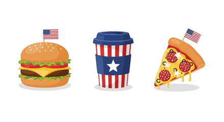Burger coffee cup pizza each topped with a US flag and decorated in a red white and blue patriotic theme