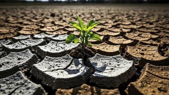 A small, resilient green seedling pushes through the severely cracked and arid soil, representing life, hope, and new beginnings in a challenging environment. This powerful close-up shot vividly captu