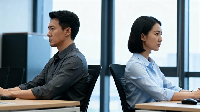 Young Asian man and woman working quietly at desks in modern office  