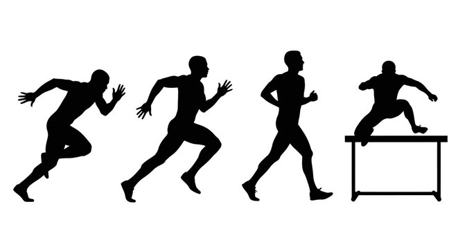 Four silhouettes of athletes two runners one jogging and one hurdling