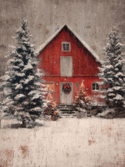 Festive red barn in a snowy winter landscape with Christmas trees, christmas card template