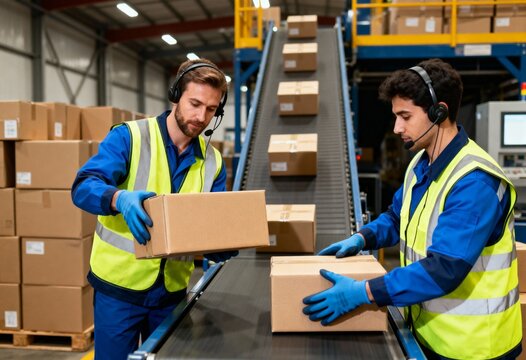 Two warehouse workers in safety vests sort cardboard boxes on a conveyor belt. Scene represents teamwork, logistics and efficient distribution.