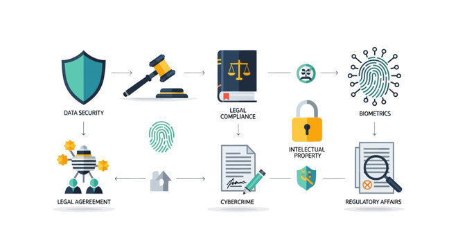 Legal process flow Data security leads to biometrics  regulatory affairs via compliance intellectual property  legal agreements