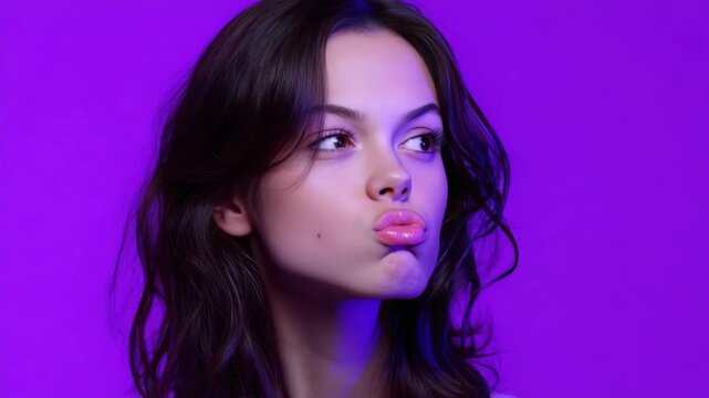 A young woman with a bold, dramatic look. Her lips are puckered out and she's wearing gloss, set against a vibrant purple backdrop with a pink hue.