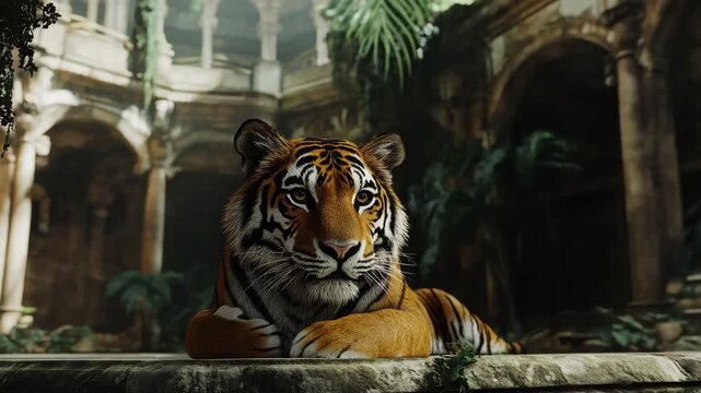 A majestic tiger in a ruined jungle setting with ancient stone arches, portraying a sense of mystery and history.