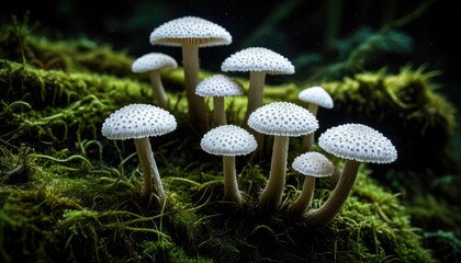 Mystical Forest Mushrooms: A Cluster of Delicate White Fungi on Mossy Ground - Nature Photography