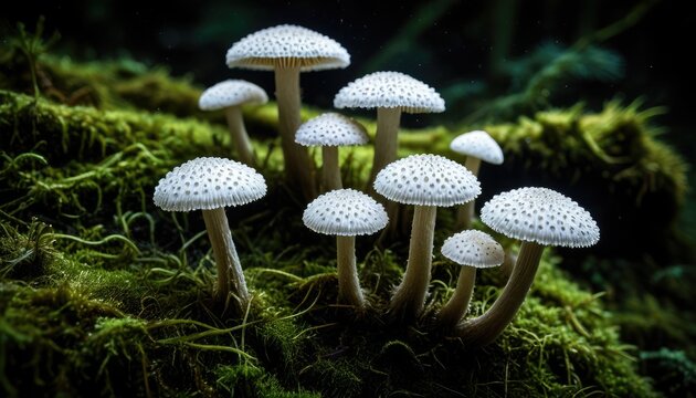 Mystical Forest Mushrooms: A Cluster of Delicate White Fungi on Mossy Ground - Nature Photography