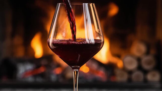 Cinematic Slow Motion: Luxurious Red Wine Pouring into a Stemmed Glass Against a Warm, Blurry Fireplace Background.