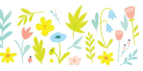 Flower crayon watercolor spring floral set. Hand drawn pastel crayon flower, leaf, plant with chalk texture. Cute nature background for garden doodle element design. Vector illustration 