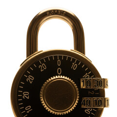 Closeup of a vintage brass combination padlock with a black face and rotating dials, isolated on transparent background