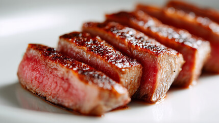 ミディアムレアに焼かれた分厚いステーキがきれいにスライスされ、白い皿に盛り付けられたクローズアップ