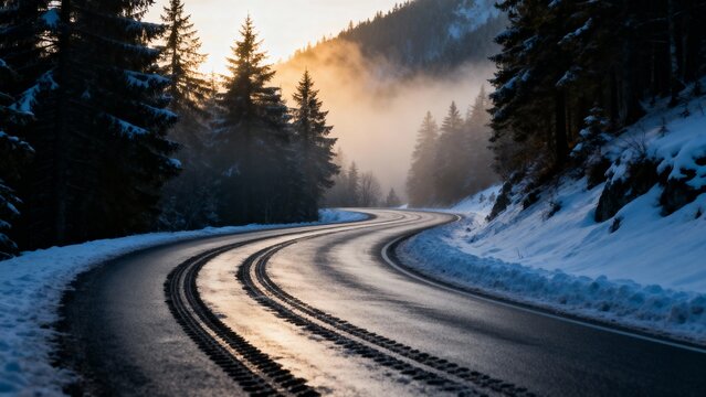 Curving winter road with tire tracks surrounded by snowy pine trees  