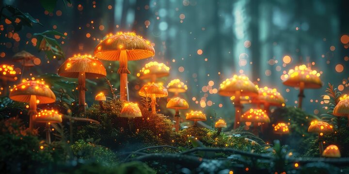 Enchanted forest with glowing mushrooms in mystical atmosphere - Powered by Adobe