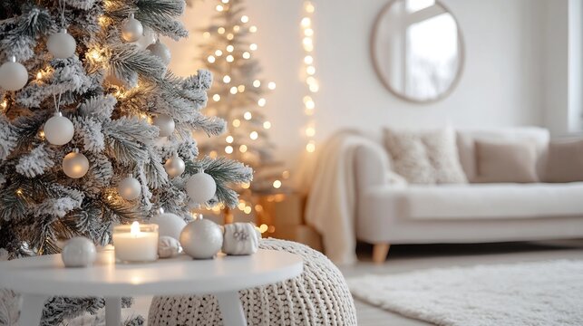 Minimalist modern Christmas interior Scandinavian decor white tree soft lighting cozy winter vibes stylish home photography