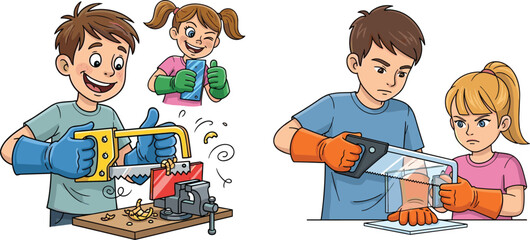 Cartoon illustration of children using saws and tools for woodworking projects, teamwork, safety gloves, creative hands-on learning and craft skill development
