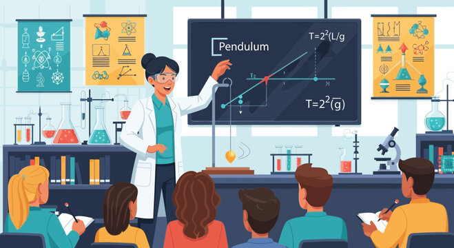 Educational science classroom illustration with teacher and students learning physics
