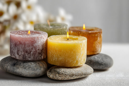 Spa candles and stones on a light background - Powered by Adobe