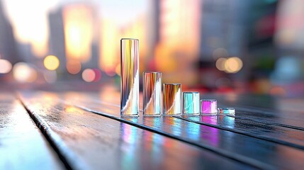 A series of colorful glass cylinders arranged in a bar graph pattern on a wooden surface, with blurred city lights in the background.