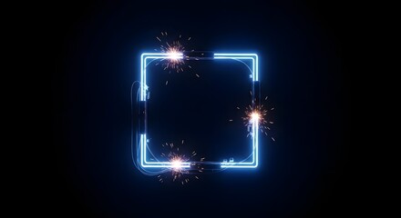 A vibrant digital neon square frame with sparks and glowing effects on a dark background, creating a futuristic and energetic visual impression
