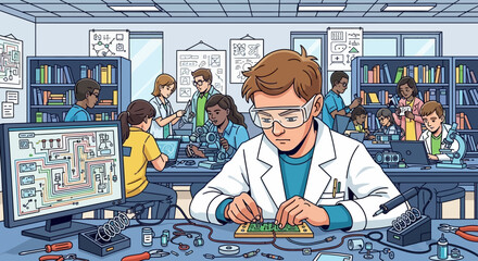 Students collaboratively engage in electronics project development within laboratory environment