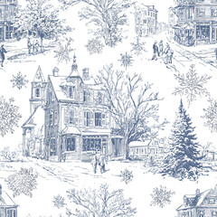 Vintage Blue Toile Christmas Village Seamless Pattern 24 with Winter Town, People, Snowflakes and Holiday Houses. A detailed vintage blue toile Christmas seamless pattern featuring an enchanting winte