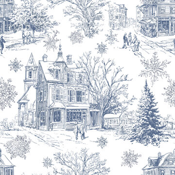 Vintage Blue Toile Christmas Village Seamless Pattern 24 with Winter Town, People, Snowflakes and Holiday Houses. A detailed vintage blue toile Christmas seamless pattern featuring an enchanting winte