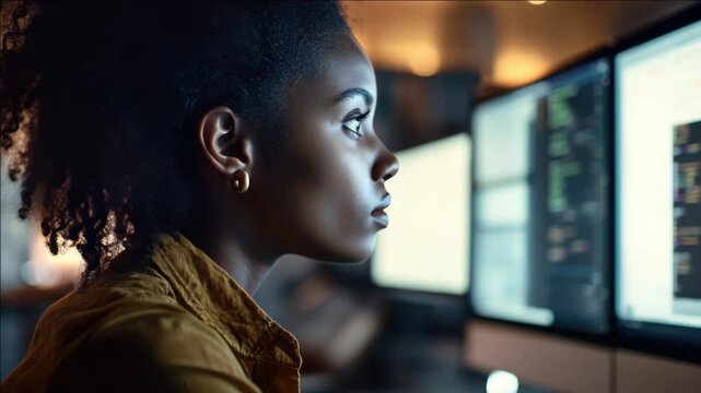 A woman with an intense gaze focused on a computer monitor, deeply engaged in her cybersecurity work. She is likely an analyst or professional in the field of information technology.