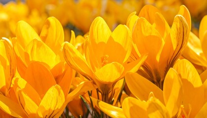 A dense cluster of blooming yellow crocus flowers with open petals, glowing in bright light, capturing the vivid energy and cheerful essence of springtime flora in a natural garden setting.