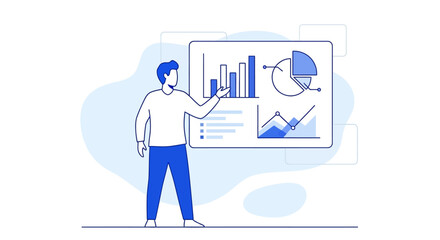 Business data visualization with a presenter explaining statistical charts and diagrams in a