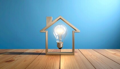 A house-shaped frame with a glowing light bulb inside, featuring a brain filament, sits on wood with a blue backdrop, symbolizing smart home innovation, energy efficiency, and creative intelligence.