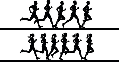 Silhouettes of diverse groups of men and women running together in a line representing fitness and activity