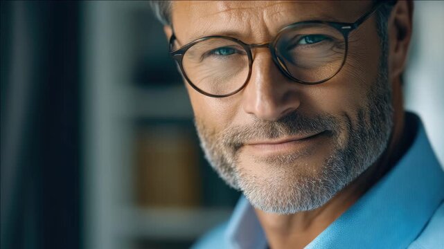 Portrait of a confident middle-aged businessman with blue eyes and stubble, wearing glasses and a well-dressed office suit.