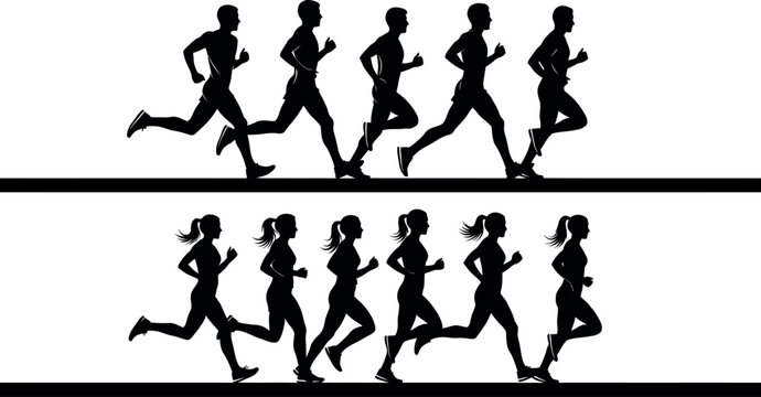 Silhouettes of diverse groups of men and women running together in a line representing fitness and activity