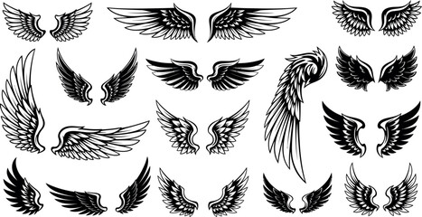 Collection of diverse black and white grunge style angel wings and feather designs © RAC.Design-Magic
