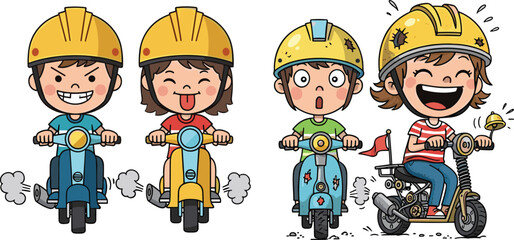 Happy children riding colorful scooters and bikes wearing helmets, playful kids racing together with joyful expressions in fun outdoor activity scene