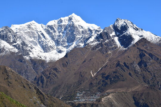 Phortse Village in Everest region, Nepal, vertical landscape
