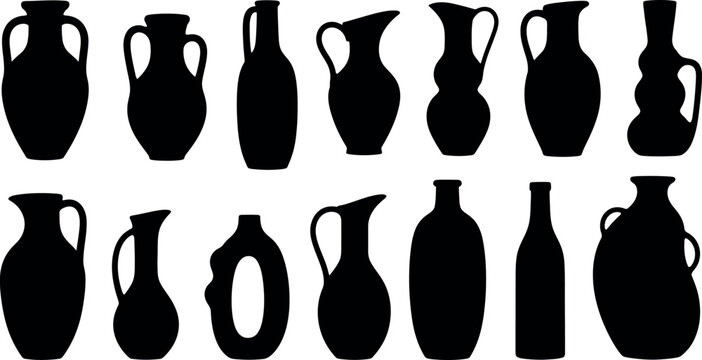 Collection of diverse ancient pottery silhouettes including amphorae jugs and vases on a white background