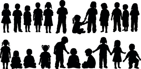 Diverse group of children silhouettes standing and sitting together in a studio setting