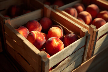 Peaches in wooden boxes, harvesting and storing the crop