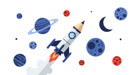 Imagination takes flight: Creative pencil rocket soaring through a galaxy of artful planets