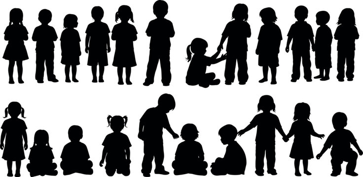 Diverse group of children silhouettes standing and sitting together in a studio setting
