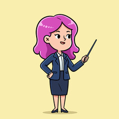 Cute cartoon businesswoman with pink hair holding a pointer, wearing a navy suit, against a yellow background.
