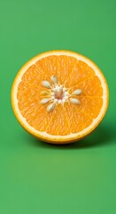 Close-up of a fresh orange half with visible seeds on a vibrant green background, highlighting the fruit's juicy interior and bright color contrast