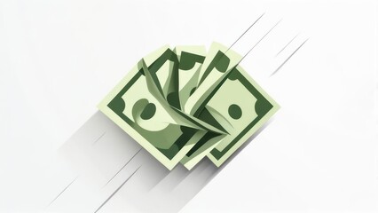 Green paper money fan on white. Simple illustration suggests wealth, finance, & income