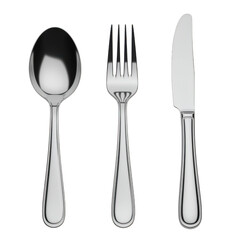 Silver cutlery set including spoon fork and knife isolated on transparent background