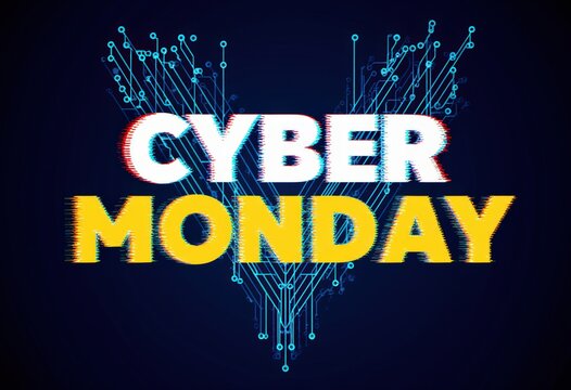 Cyber monday digital circuit theme with bold glitch text on dark background