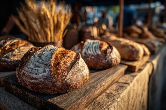 Freshly baked artisan bread loaves displayed on wooden boards at a rustic market, surrounded by golden wheat, showcasing the craftsmanship of traditional baking methods