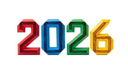 Colorful 2026 numbers isolated on transparent background